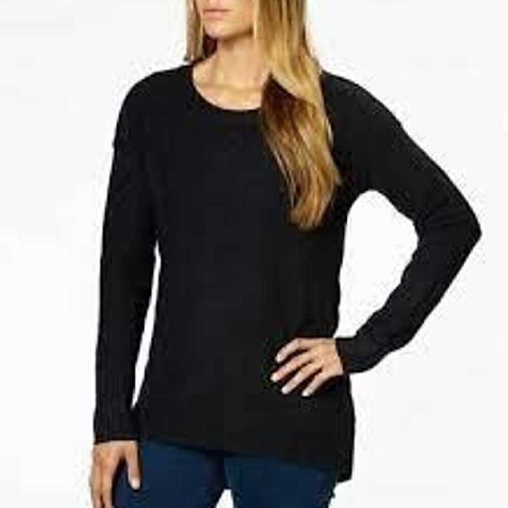 Calvin Klein Jeans Womens Crewneck Sweater Black Ribbed Sleeve Back High Low Hem